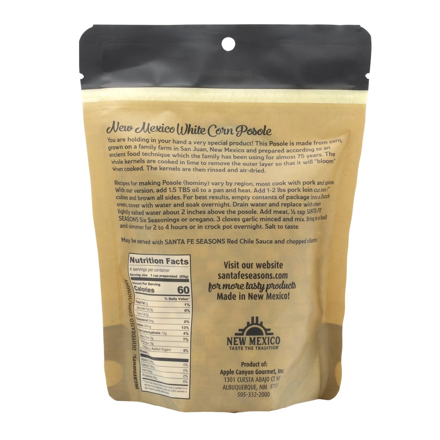 Santa Fe Seasons White Corn Posole, back label with nutrition facts