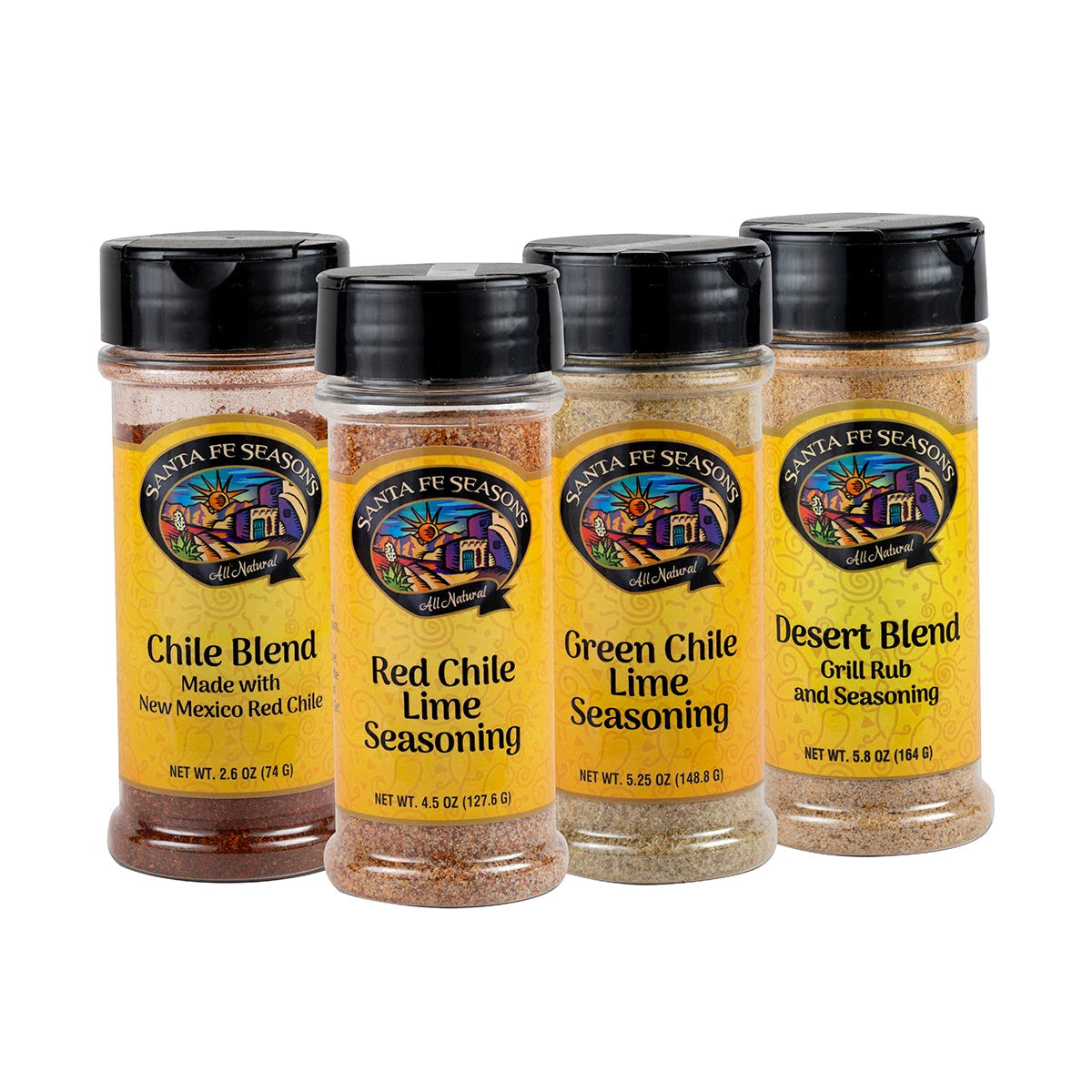Spice Up Your Life Sampler gift set featuring Santa Fe Seasons Chile Blend, Red Chile Lime Seasoning, Green Chile Lime Seasoning, and Desert Blend Grill Rub
