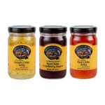 Sweet Hot Sampler gift set featuring Santa Fe Seasons Green Chile Jelly, Red Chile Cranberry Sauce, and Red Chile Jelly