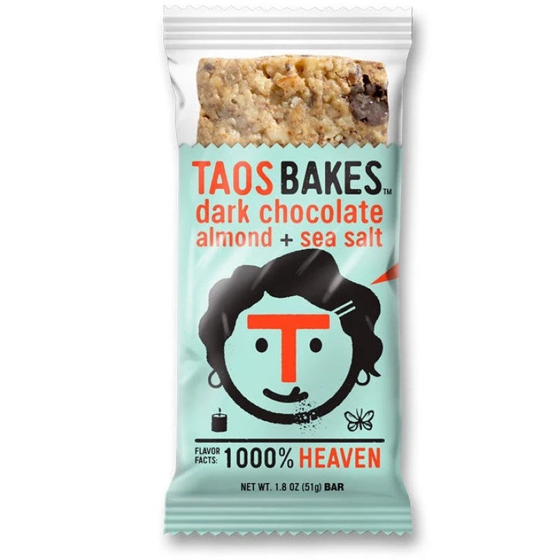 Taos Bakes Dark Chocolate Almond + Sea Salt Bar, 1.8 oz, front of package