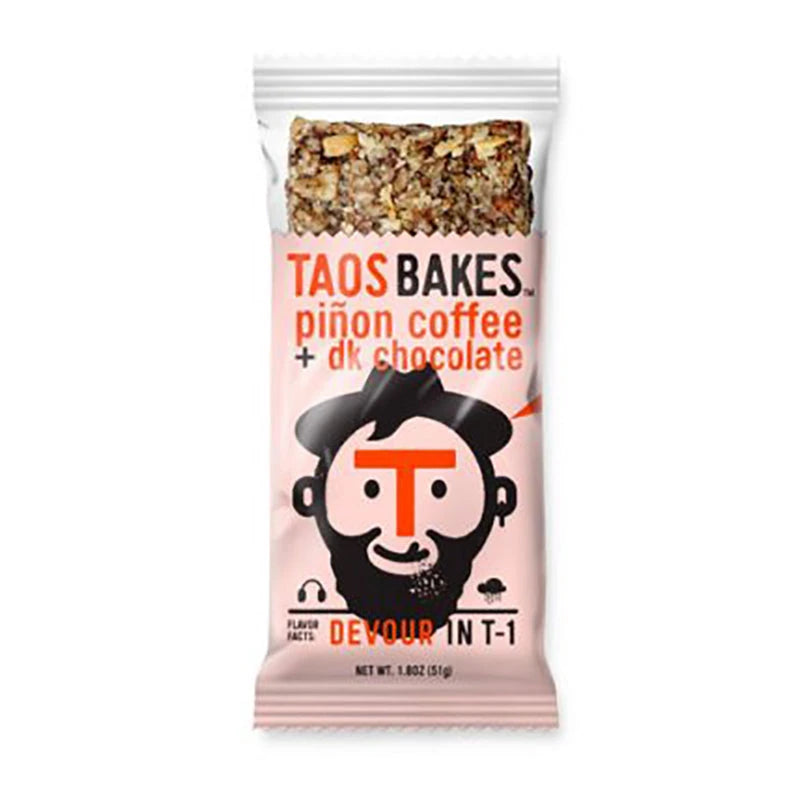 Taos Bakes Piñon Coffee Dark Chocolate Bar, front of package