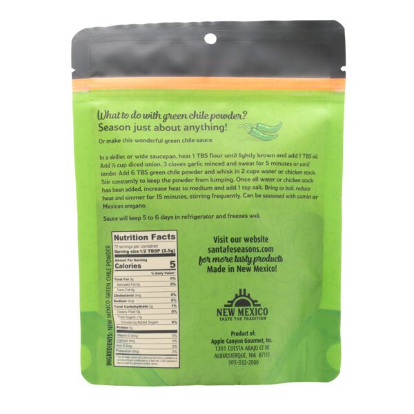 Back of product image for hot green chile powder